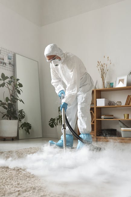 A professional cleaning specialist dressed in full white protective coveralls, mask, and gloves is performing sterilisation or deep cleaning on a beige carpet in a residential room. The individual is using a steam or fogging device to ensure thorough sanitisation of the carpet surface, which appears clean and well-maintained. The room includes a tall, reflective mirror leaning against a white wall, a wooden shelving unit with decorative items and books, and several potted plants that add greenery to the space. Bright, natural lighting illuminates the room, highlighting the cleanliness and meticulous attention to hygiene, with steam or mist visible as part of the sanitisation process. This scene exemplifies professional surface cleaning and deep cleaning procedures conducted by Carpet Cleaning Putney in a domestic setting.